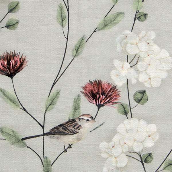Chrysanthemums and Sparrows Breeze Cotton Linen Blend Fabric Swatch 15cm x 15cm