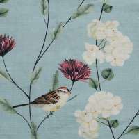 Chrysanthemums &amp; Sparrows Ocean Cotton Linen Blend Fabric Swatch 15cm x 15cm