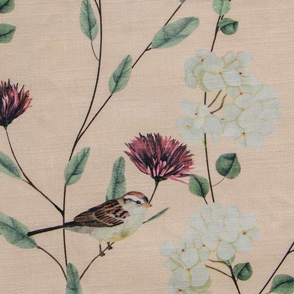 Chrysanthemums &amp; Sparrows Shore Cotton Linen Blend Fabric Swatch 15cm x 15cm