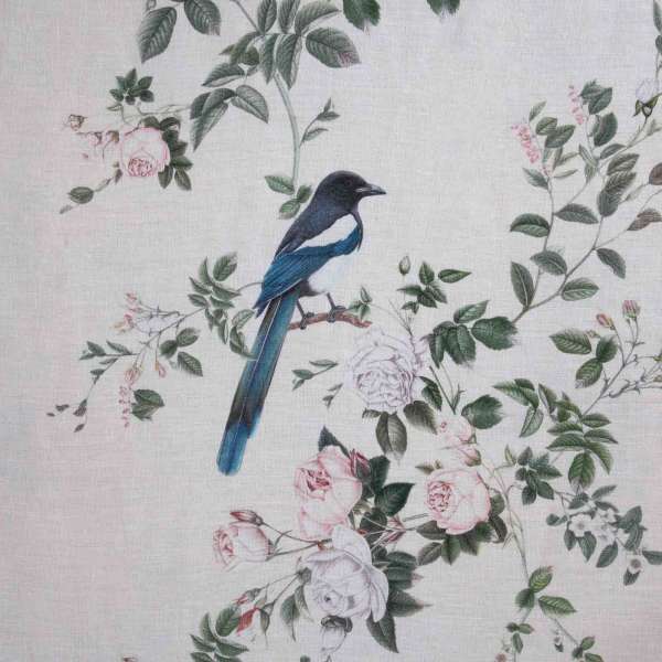 100% Linen The Magpies Brunch Time Peach Fabric Swatch 15cm x 15 cm