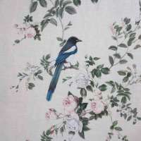 100% Linen The Magpies Brunch Time Peach Fabric Swatch 15cm x 15 cm
