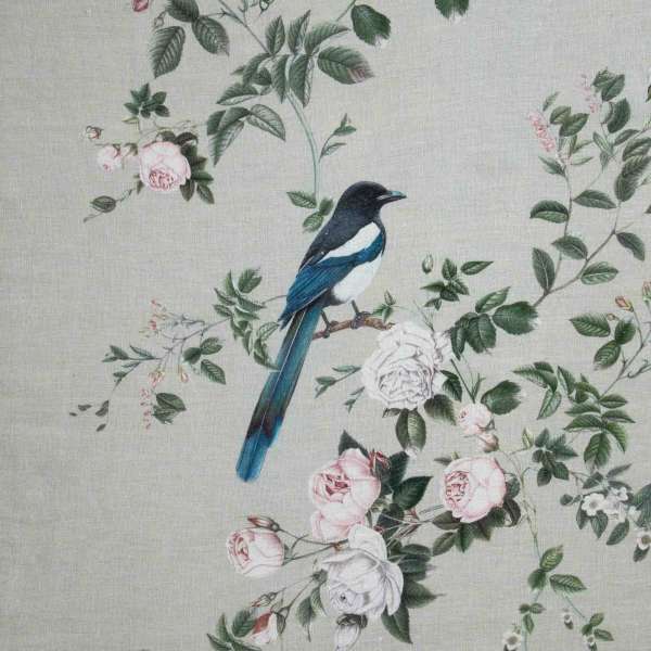 100% Linen The Magpies Brunch Time Sage Fabric Swatch 15cm x 15 cm
