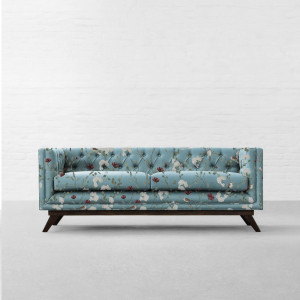 Chrysanthemums & Sparrows Ocean Cotton Linen Blend