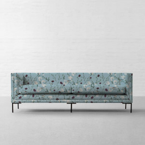 Chrysanthemums & Sparrows Ocean Cotton Linen Blend