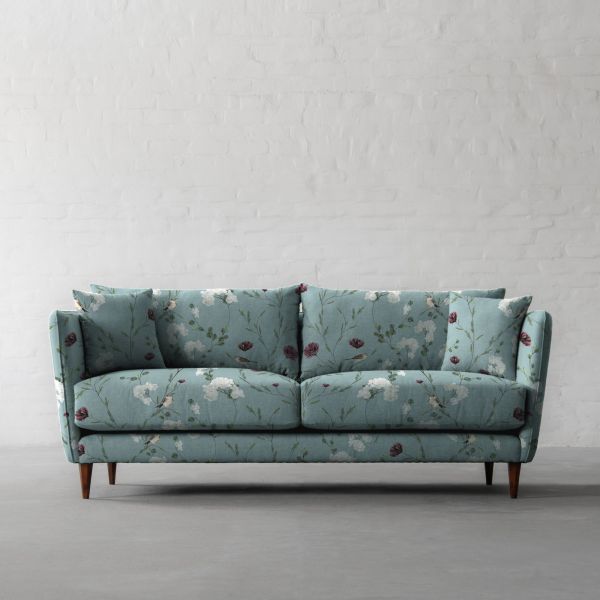 Chrysanthemums & Sparrows Ocean Cotton Linen Blend