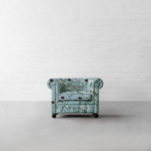 Chrysanthemums & Sparrows Ocean Cotton Linen Blend