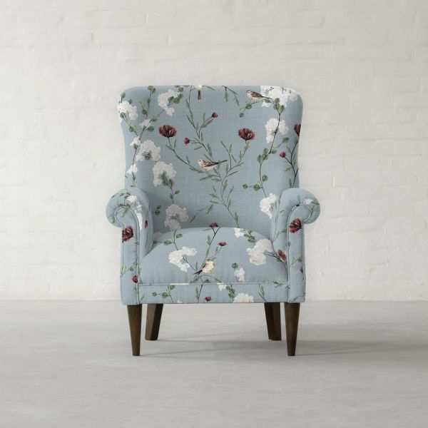 Chrysanthemums & Sparrows Ocean Cotton Linen Blend