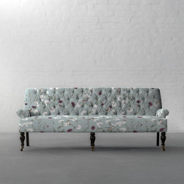 Chrysanthemums & Sparrows Ocean Cotton Linen Blend