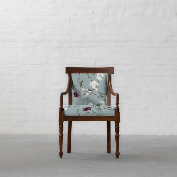 Chrysanthemums & Sparrows Ocean Cotton Linen Blend
