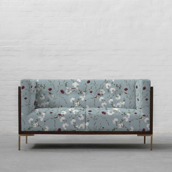 Chrysanthemums & Sparrows Ocean Cotton Linen Blend