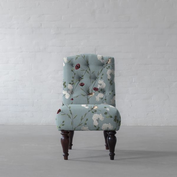 Chrysanthemums & Sparrows Ocean Cotton Linen Blend