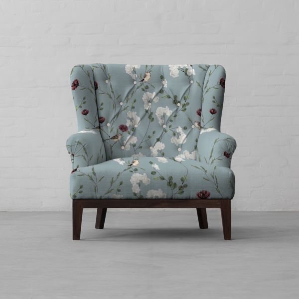 Chrysanthemums & Sparrows Ocean Cotton Linen Blend