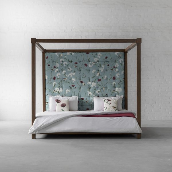 Chrysanthemums & Sparrows Ocean Cotton Linen Blend