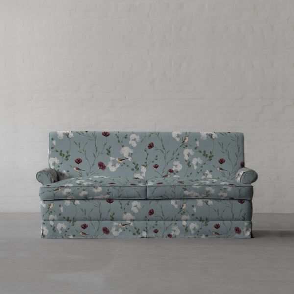 Chrysanthemums & Sparrows Ocean Cotton Linen Blend Fabric Swatch 15cm x 15cm