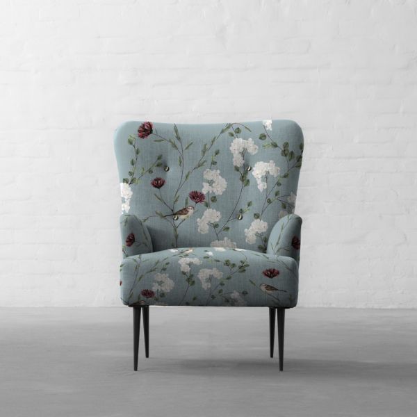 Chrysanthemums & Sparrows Ocean Cotton Linen Blend