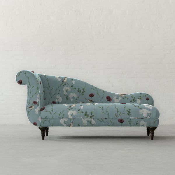 Chrysanthemums & Sparrows Ocean Cotton Linen Blend