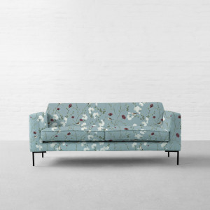 Chrysanthemums & Sparrows Ocean Cotton Linen Blend