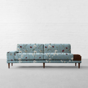 Chrysanthemums & Sparrows Ocean Cotton Linen Blend