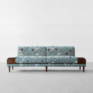 Chrysanthemums & Sparrows Ocean Cotton Linen Blend
