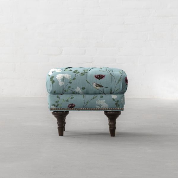 Chrysanthemums & Sparrows Ocean Cotton Linen Blend