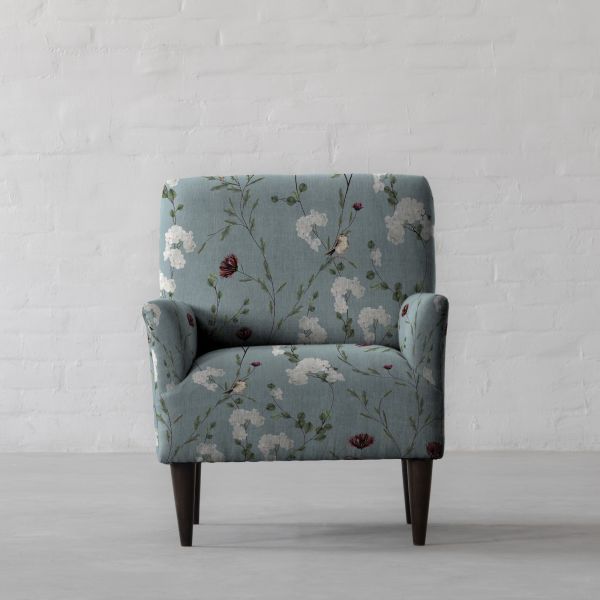 Chrysanthemums & Sparrows Ocean Cotton Linen Blend Fabric Swatch 15cm x 15cm