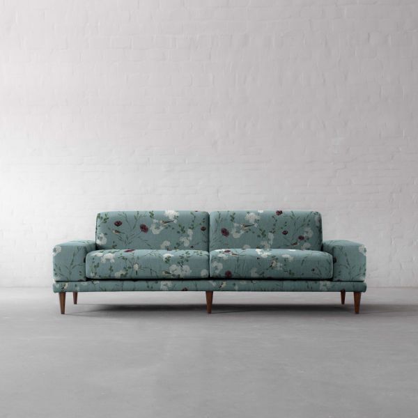 Chrysanthemums & Sparrows Ocean Cotton Linen Blend