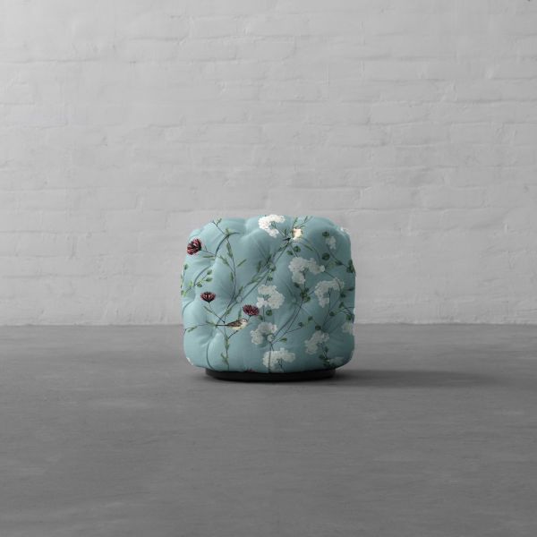 Chrysanthemums & Sparrows Ocean Cotton Linen Blend