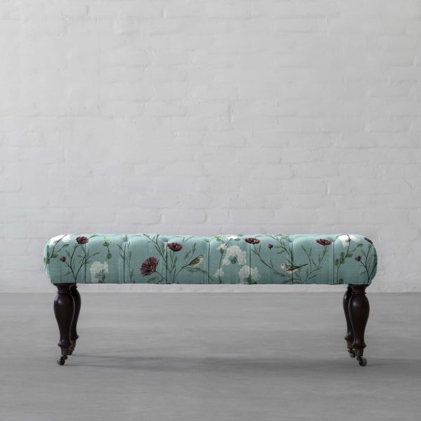 Chrysanthemums & Sparrows Ocean Cotton Linen Blend