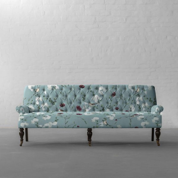 Chrysanthemums & Sparrows Ocean Cotton Linen Blend