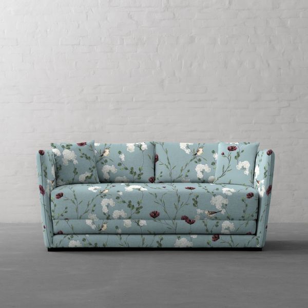 Chrysanthemums & Sparrows Ocean Cotton Linen Blend
