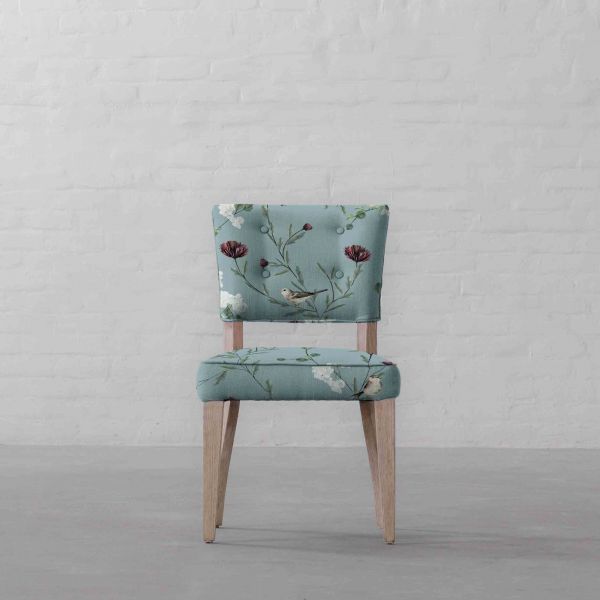 Chrysanthemums & Sparrows Ocean Cotton Linen Blend Fabric Swatch 15cm x 15cm