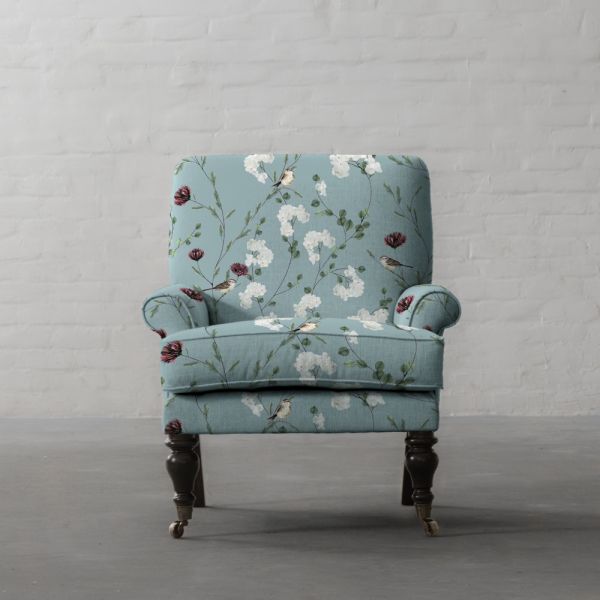 Chrysanthemums & Sparrows Ocean Cotton Linen Blend