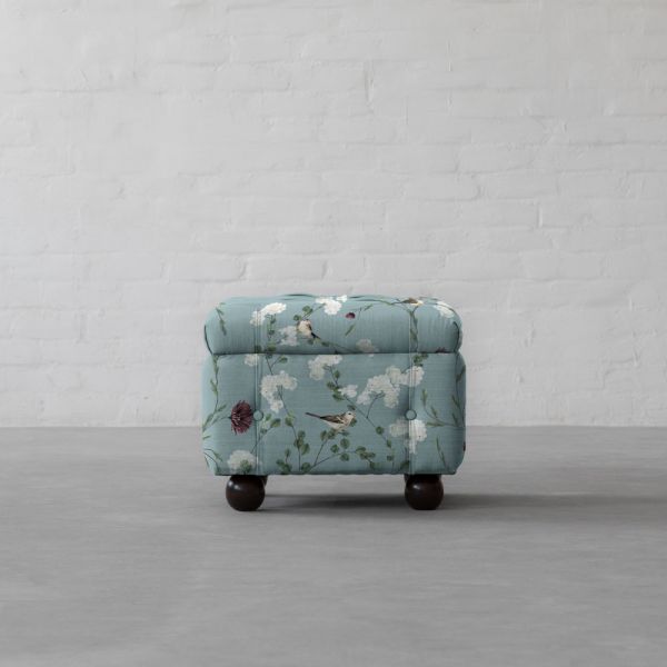 Chrysanthemums & Sparrows Ocean Cotton Linen Blend