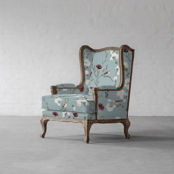 Chrysanthemums & Sparrows Ocean Cotton Linen Blend