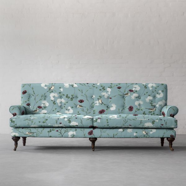Chrysanthemums & Sparrows Ocean Cotton Linen Blend