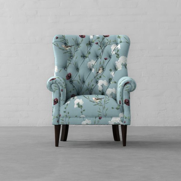Chrysanthemums & Sparrows Ocean Cotton Linen Blend