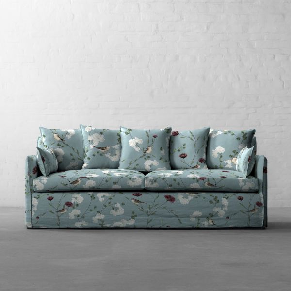 Chrysanthemums & Sparrows Ocean Cotton Linen Blend
