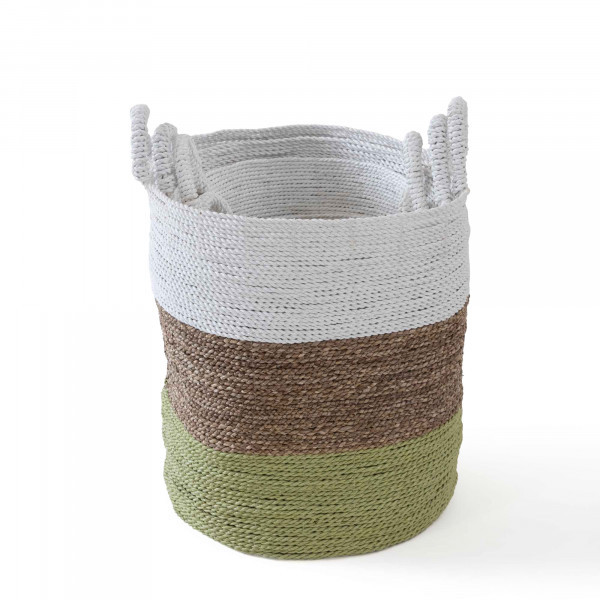 BEACH PALM STORAGE BASKET-(WHITE+NATURAL+FRESH GREEN)