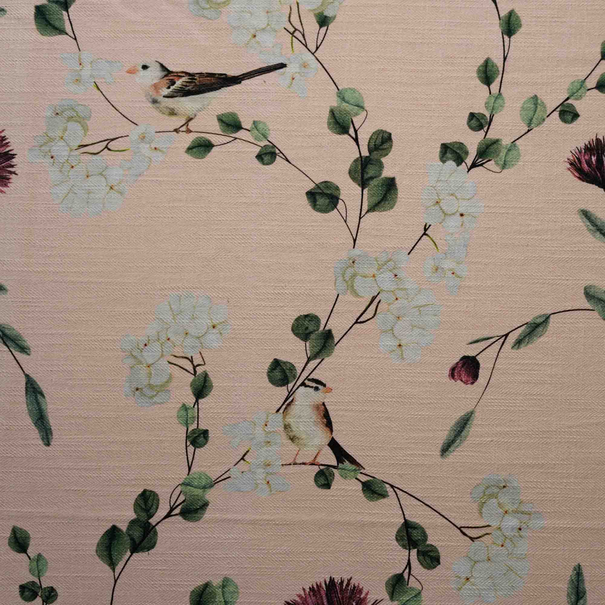 Chrysanthemums & Sparrows Shore Cotton Linen Blend Fabric (Vertical Repeat)