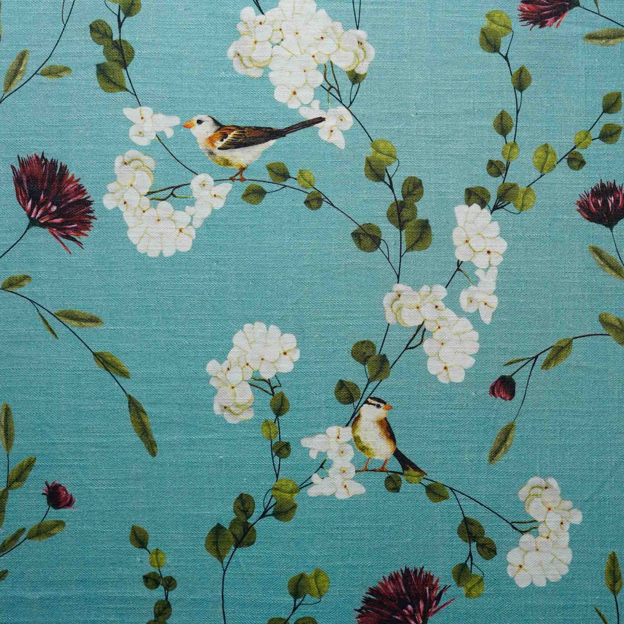 Chrysanthemums and Sparrows Ocean Cotton Linen Blend Fabric (Horizontal Repeat)