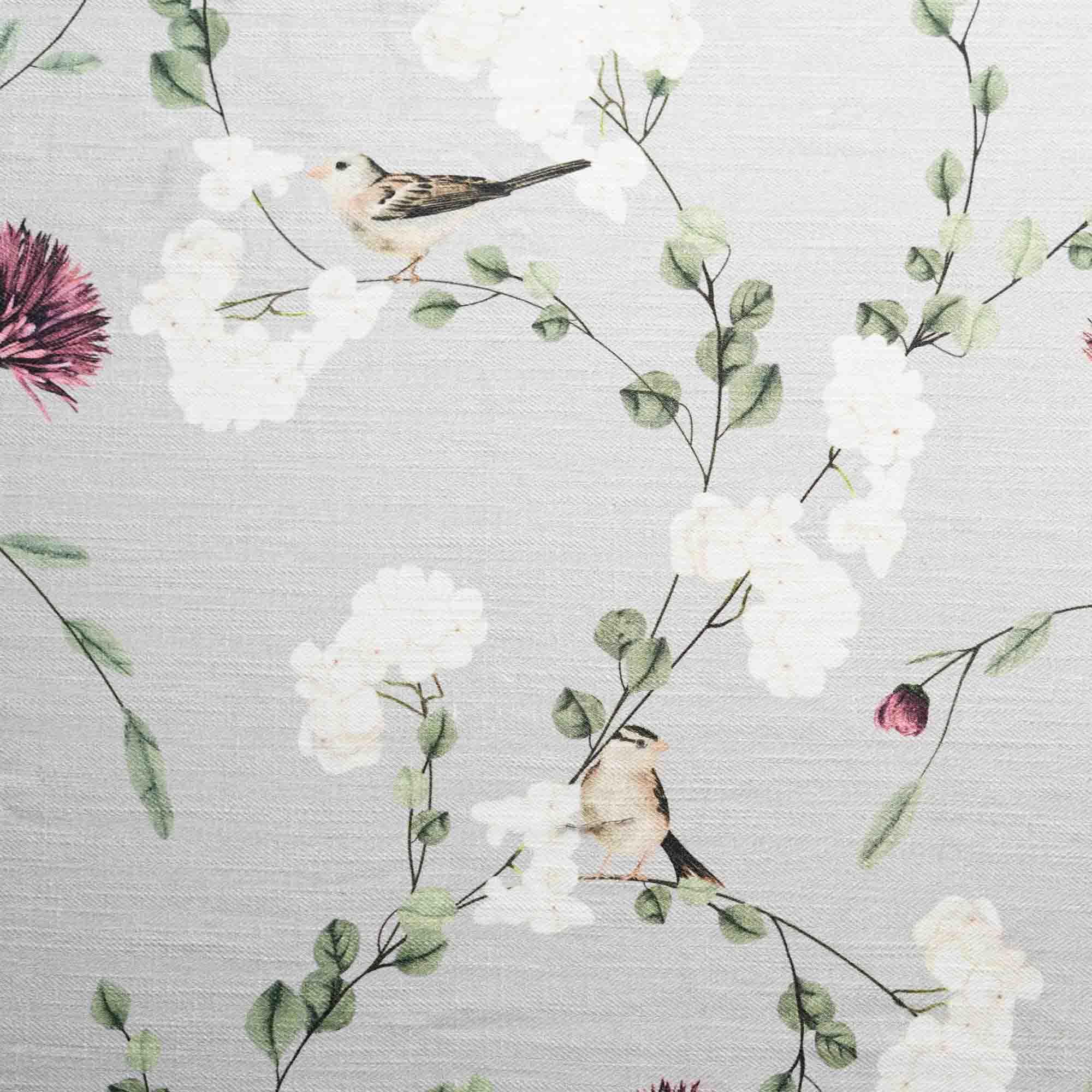 Chrysanthemums and Sparrows Breeze Cotton Linen Blend Fabric (Horizontal Repeat)