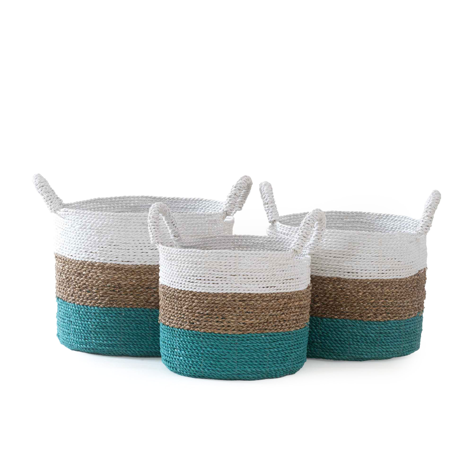 ALOR SEAGRASS HANDWOVEN BASKET-(WHITE+NATURAL+AQUA)