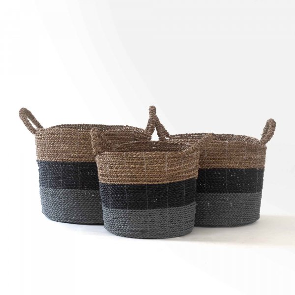 Alor Seagrass Handwoven Basket- Natural, Charcoal Black, Grey