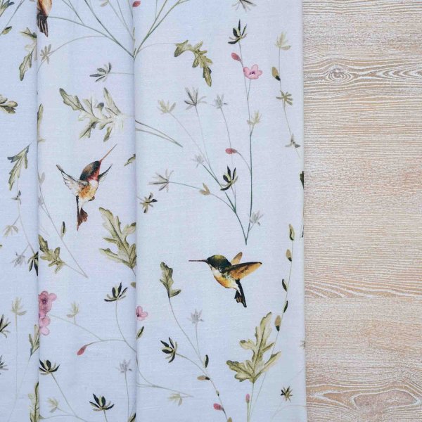 Anna&#039;s Humming Bird in Clouds Cotton Linen Blend Fabric (Vertical Repeat)