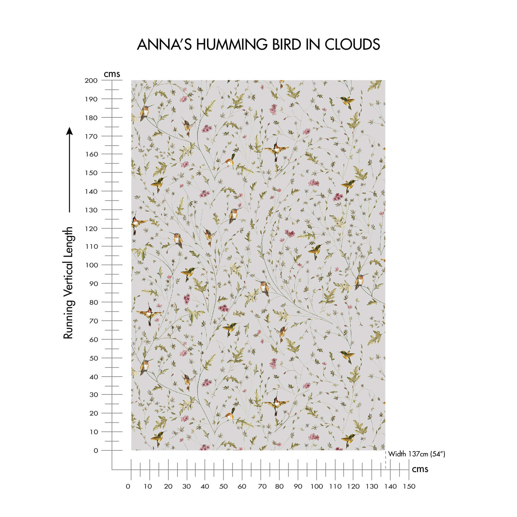 Anna's Humming Bird in Clouds Cotton Linen Blend Fabric (Vertical Repeat)