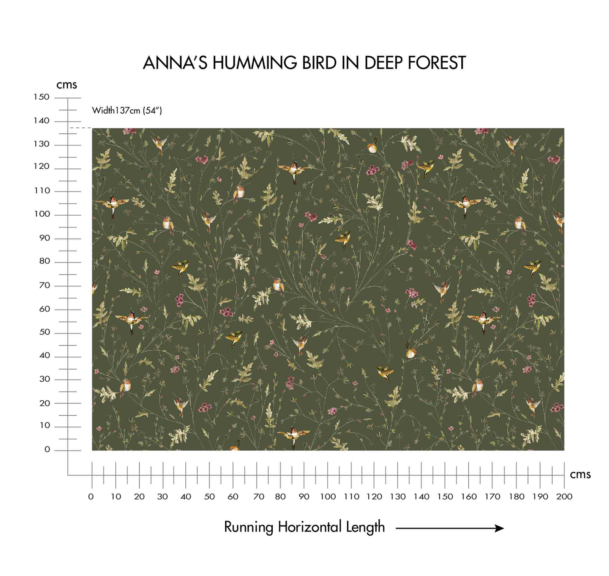 Anna's Humming Bird in Deep Forest Cotton Linen Blend Fabric (Horizontal Repeat)