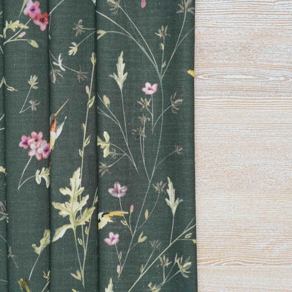 Anna&#039;s Humming Bird in Deep Forest Cotton Linen Blend Fabric (Horizontal Repeat)