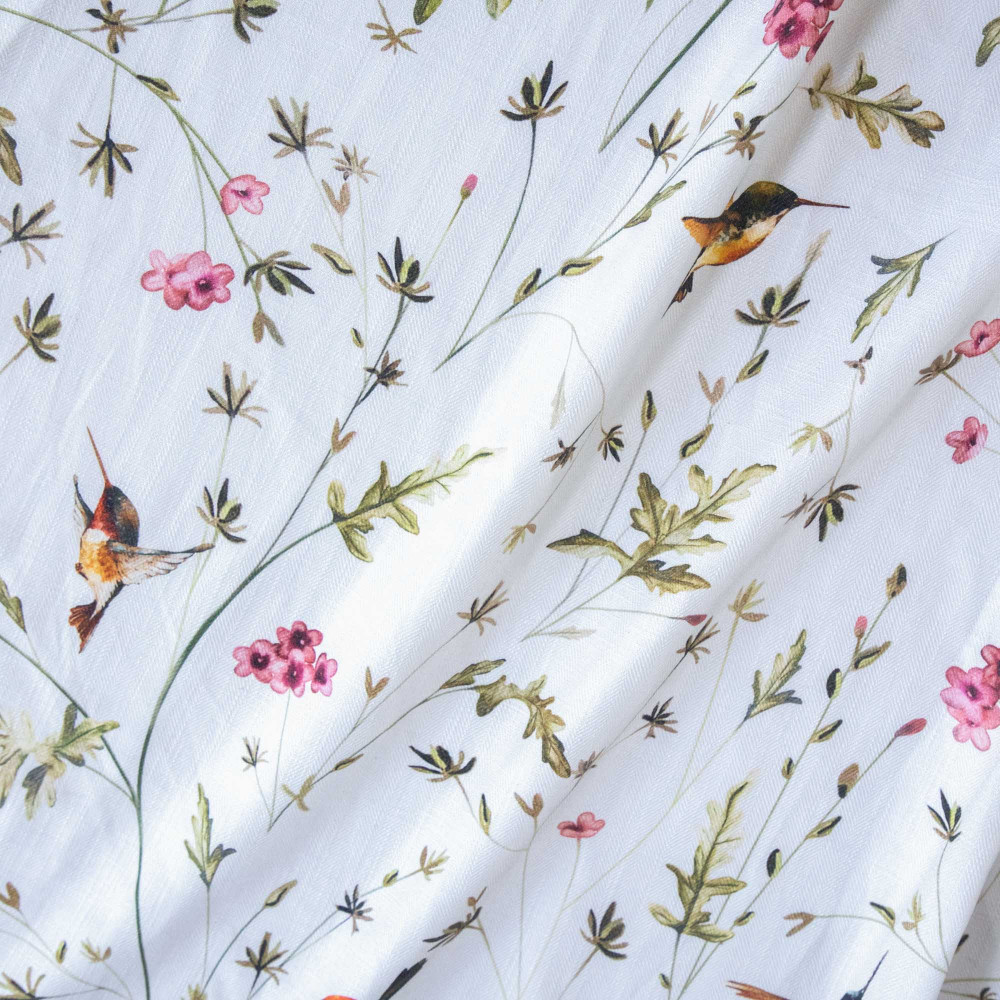 Anna&#039;s Humming Bird in Clouds Cotton Linen Blend Fabric (Vertical Repeat)
