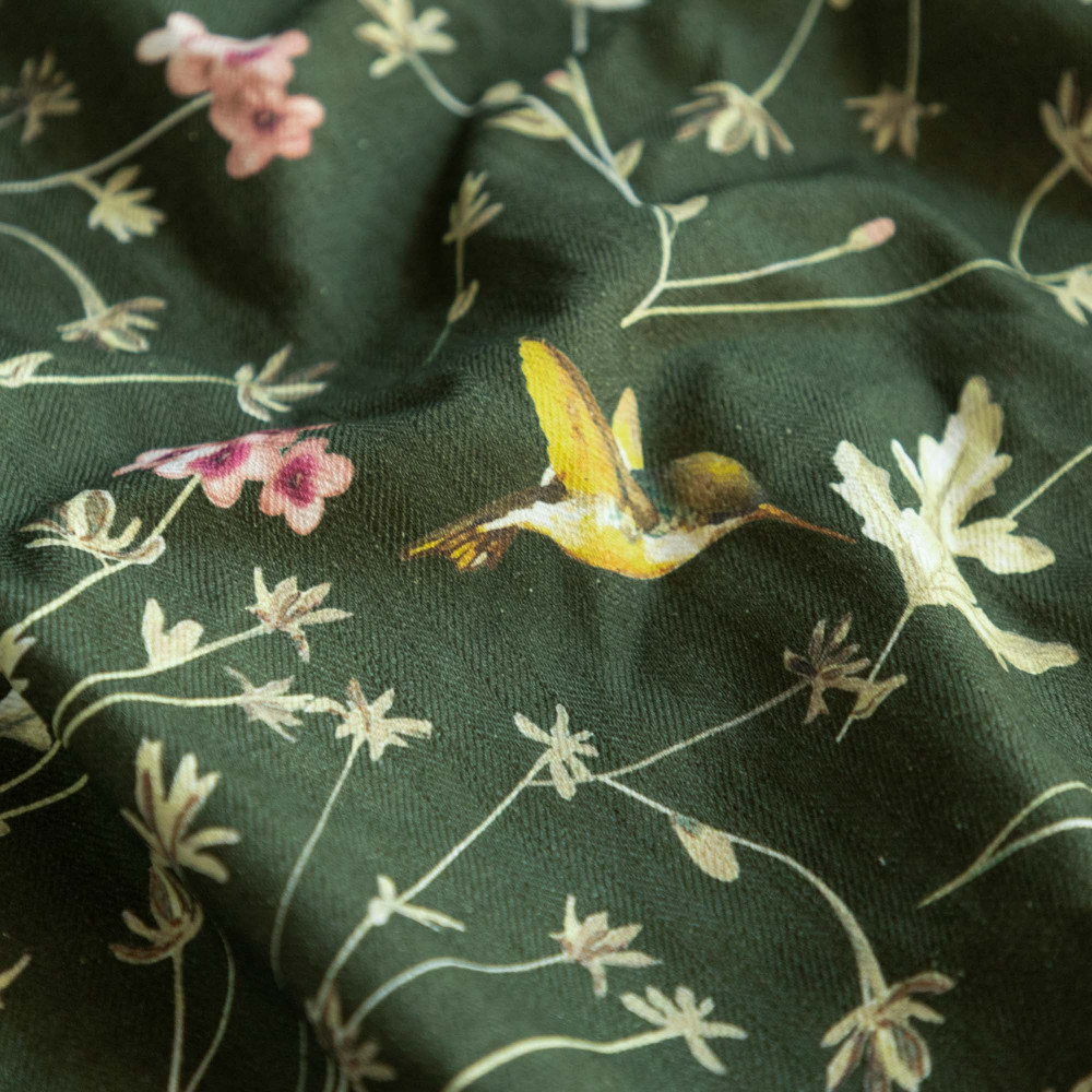 Anna&#039;s Humming Bird in Deep Forest Cotton Linen Blend Fabric (Horizontal Repeat)