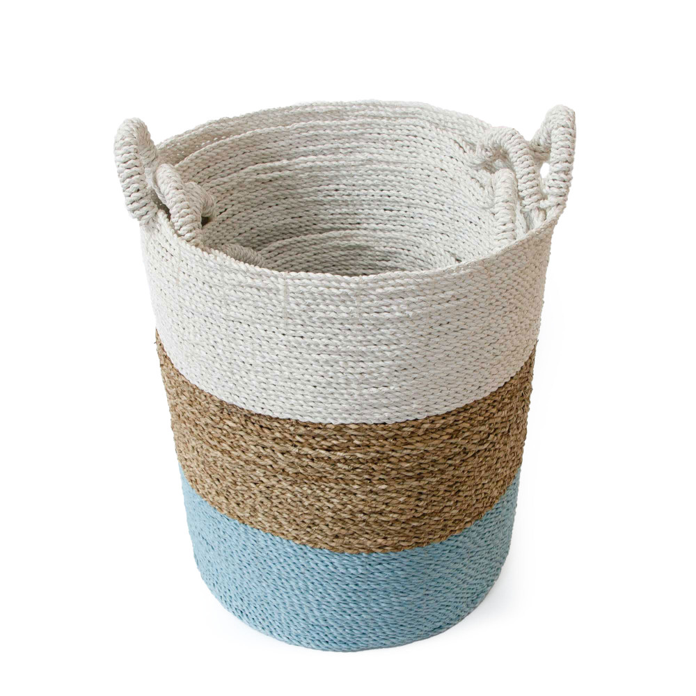 Beach Palm Storage Basket-(White+Natural+Aqua)